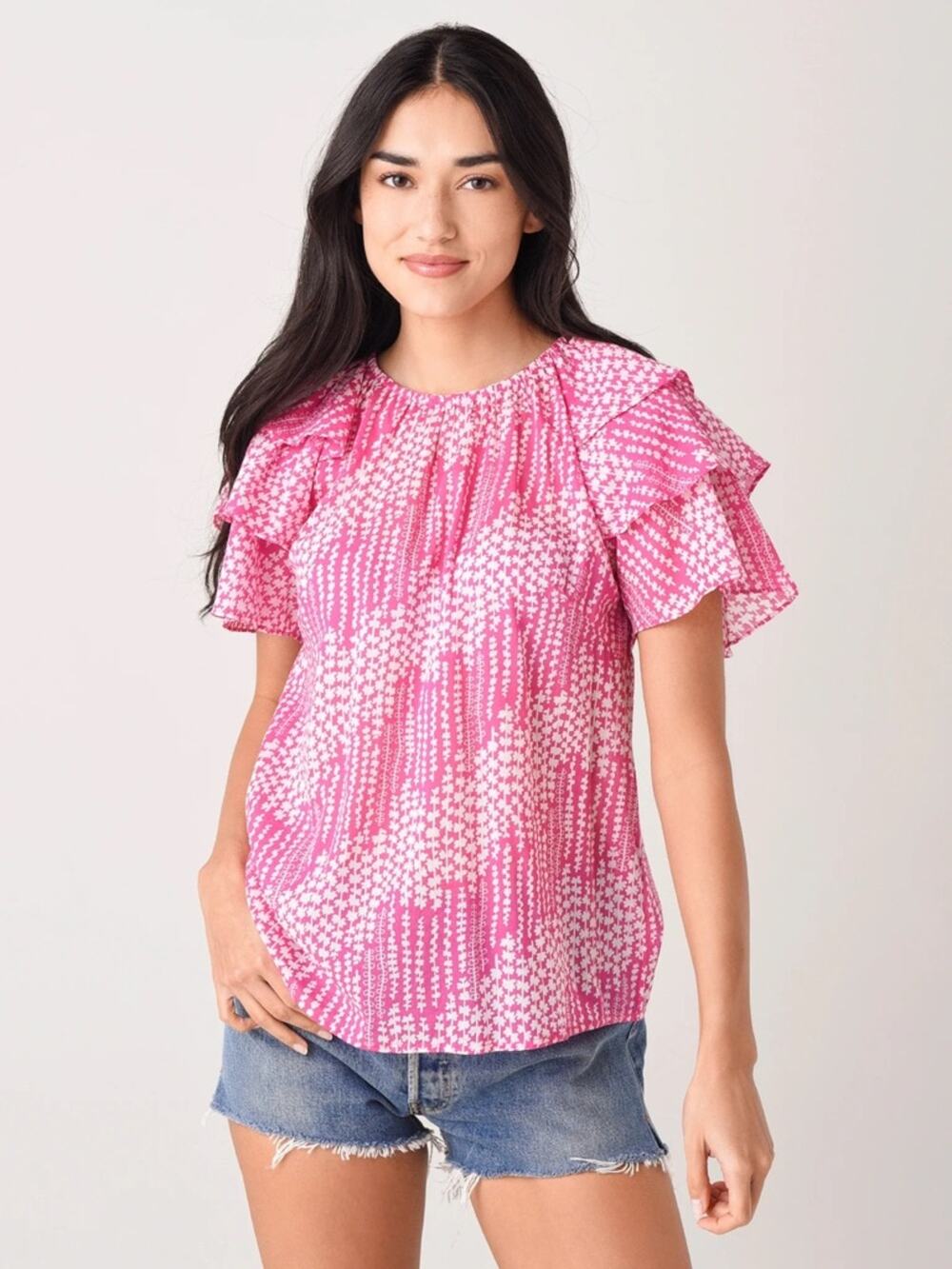 Banjanan 100% Cotton Lightweight Flutter Sleeve Andrea Top in Pink - Size XS